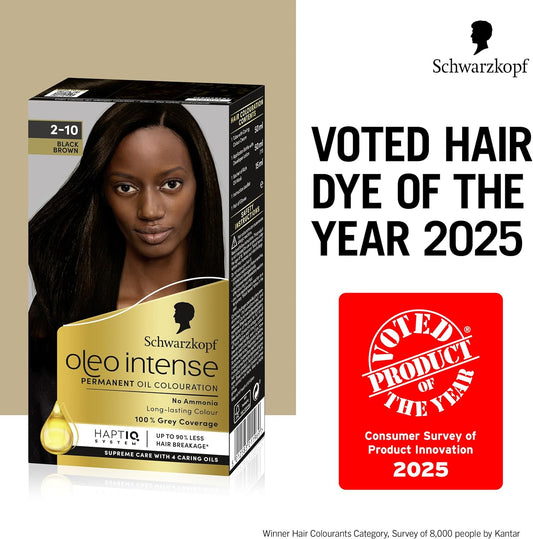 Schwarzkopf Oleo Intense Permanent Oil Colour 2-10 Black Brown Hair Dye, 100% Grey Coverage, Conditioner With Haptiq System, Long-Lasting Colour, Ammonia Free Hair Dye