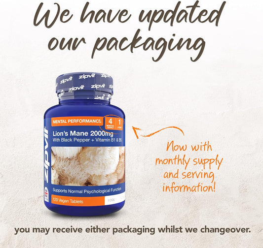 Zipvit Lion'S Mane Mushroom Supplement 2000Mg With B1, B5 & Black Pepper, 4 Month Supply, 120 Vegan Tablets, Supports Brain Function, Mental Performance, Reduces Fatigue, Not Powder Or Capsules