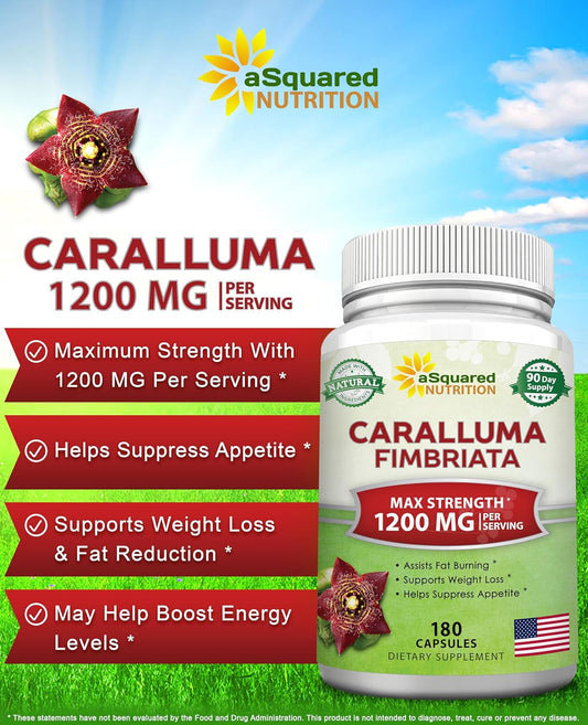 Asquared Nutrition Caralluma Fimbriata 1200Mg - 180 Capsules, Natural Extract Weight Loss Diet Pill Supplements, Plant Root Appetite Suppressant & Pure Energy Booster, Max Strength Slim Lean Fat Burn