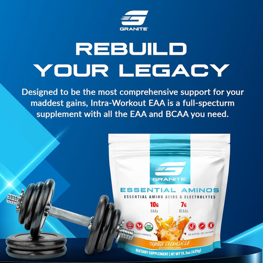 Granite 10G Essential Amino Acids Powder (30 Servings) Muscle Recovery Supplement For Muscle Growth - 7G Bcaa Powder With Electrolytes, Soy And Gluten-Free, Made In Usa, Orange Creamsicle