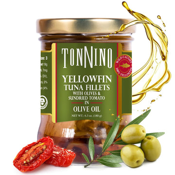 Tonnino Yellowfin Tuna In Olive Oil With Tomato & Olives 6.3 Oz - Gourmet 6-Pack: Omega-3, High Protein, Gluten-Free, Ready-To-Eat Tuna Packets For Tuna Salad, Tuna Fish Alternative To Salmon