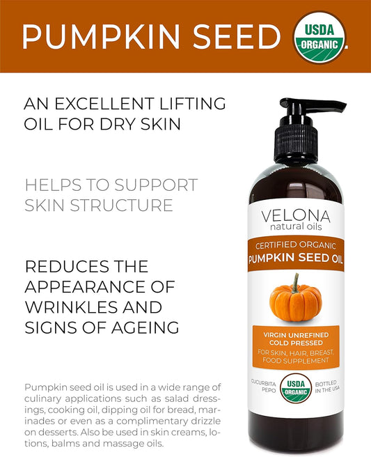 velona Pumpkin Seed Oil USDA Certified Organic - 16 oz | 100% Pure and Natural Carrier Oil | Unrefined, Cold Pressed | Cooking, Face, Hair, Body & Skin Care | Use Today - Enjoy Results