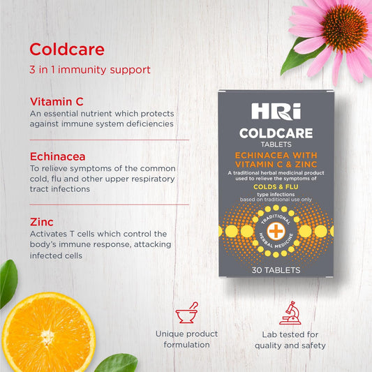 Hri Coldcare Immunity 30 Tablets - Echinacea, Plus Vitamin C And Zinc To Relieve The Symptoms Of Colds And Flu Type Infections. 1 Pack