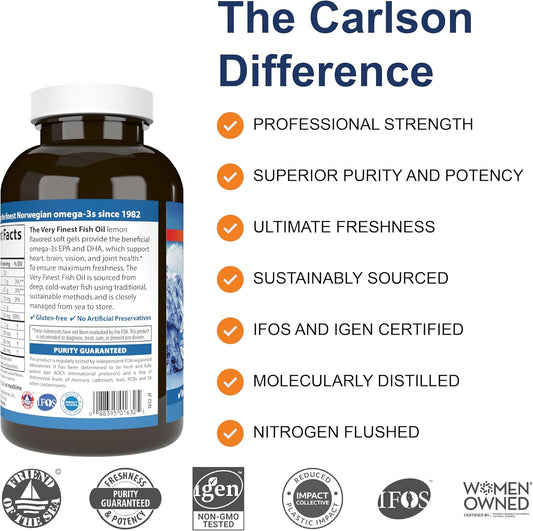 Carlson - The Very Finest Fish Oil, 700 Mg Omega-3S, Norwegian Fish Oil Supplement, Wild Caught Omega 3 Fish Oil, Sustainably Sourced Fish Oil Capsules, Omega 3 Supplement, Lemon, 240 Softgels