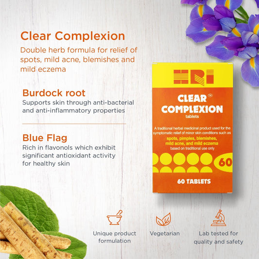 Hri Clear Complexion Tablets. Natural Active Herbs To Relieve Mild Skin Conditions - Mild Acne, Spots, Pimples, Blemishes. 2 Packs - 120 Tablets