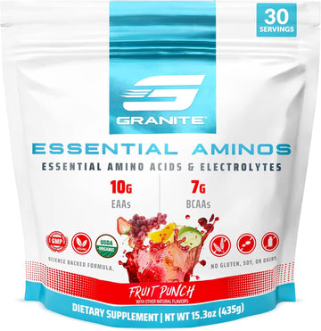 Granite 10G Essential Amino Acids Powder (30 Servings) Muscle Recovery Supplement For Muscle Growth - 7G Bcaa Powder With Electrolytes, Soy And Gluten-Free, Made In Usa, Fruit Punch Flavor