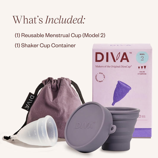 Diva Cup & Shaker - Medical Grade Silicone Cup For Period Care - Reusable Menstrual Cup With Shaker For On-The-Go Cleansing - Wear Up To 12 Hours - Model 2 (Wide Vaginal Canals, Post-Partum, Ages 35+)