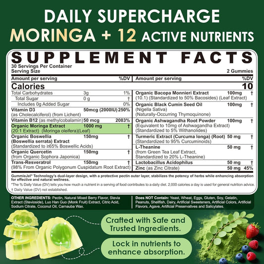 Moringa Gummies For Adults, 13-In-1 Extra Strength Green Superfood W/Vitamin B12 D3, Turmeric, Quercetin, Boswellia, Trans-Resveratrol, Ashwagandha For Energy, Antioxidant & Immune,Sugar-Free,60 Chews