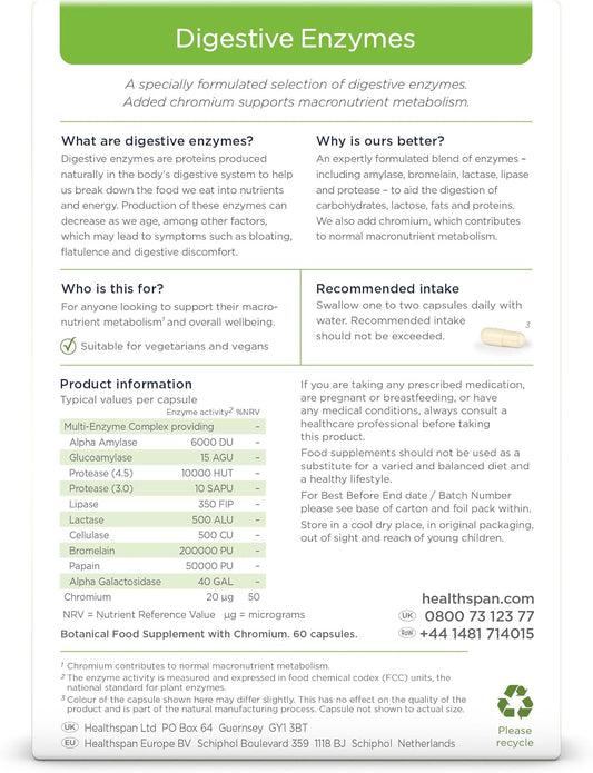 Healthspan Digestive Enzymes | 60 Capsules | Amylase | Lactase | Lipase | Protease | Added Chromium | Aids Digestion | Vegan
