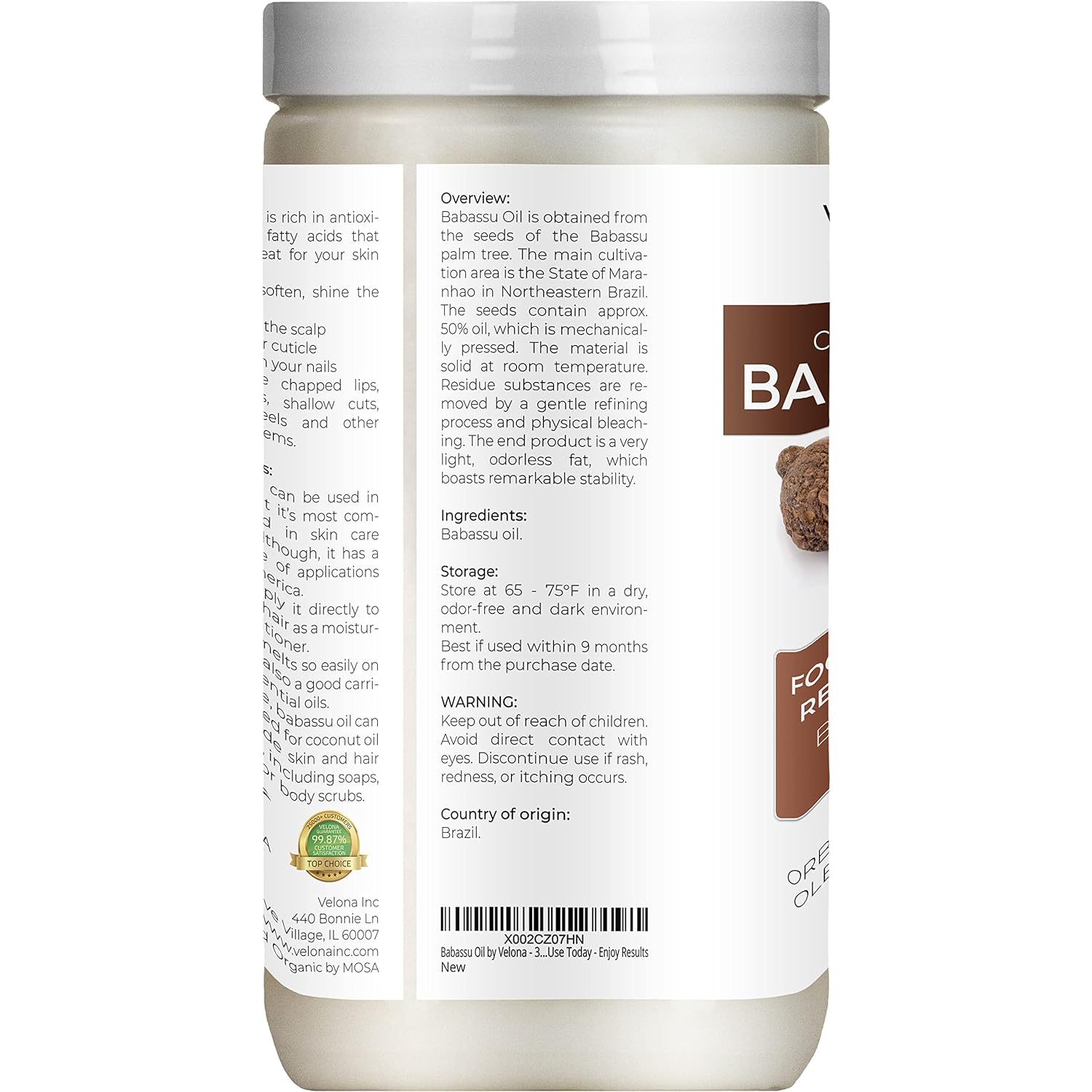 velona Babassu Oil USDA Certified Organic - 32 oz | 100% Pure and Natural Carrier Oil | Refined, Cold Pressed | Face, Hair, Body & Skin Care and Cooking | Use Today - Enjoy Results : Grocery & Gourmet Food