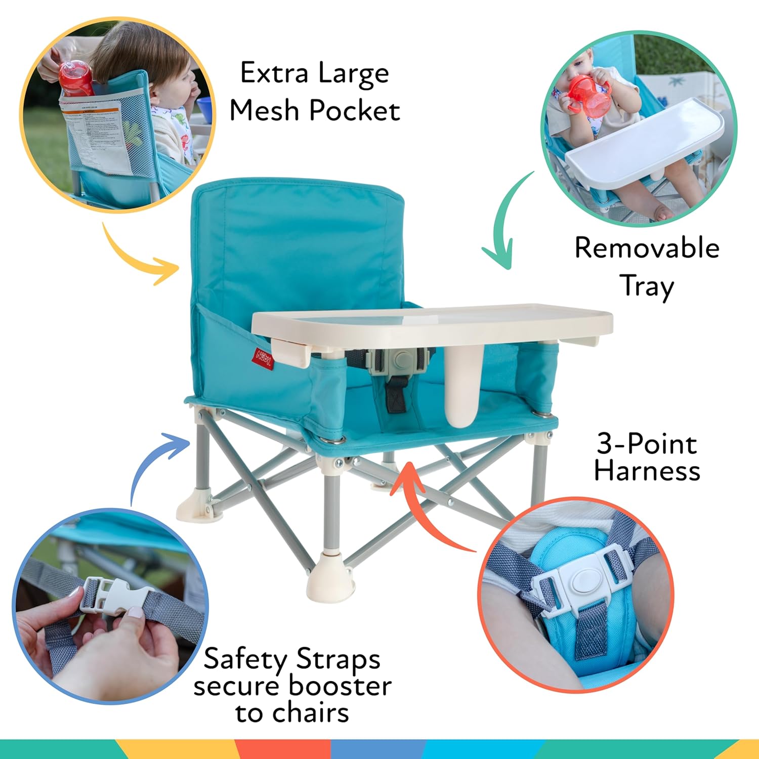 Nuby Pop-Up Booster Seat With Removable Tray - 6+ Months - Portable Booster Seat For Floor For Indoor/Outdoor Use - 3-Point Safety Adjustable Straps - Summer Travel Essentials - Aqua : Baby
