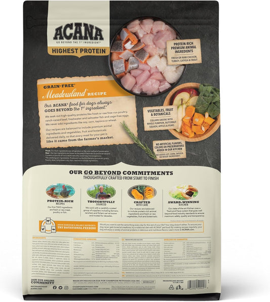 Acana Highest Protein Dry Dog Food, Meadowland, Chicken And Turkey Recipe, 4.5Lb