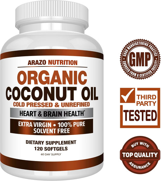 Arazo Nutrition Organic Coconut Oil 2000 Mg - 100% Extra Virgin Unrefined Cold Pressed For Weight Support, Skin, Hair, Nails - 120 Softgel Capsules