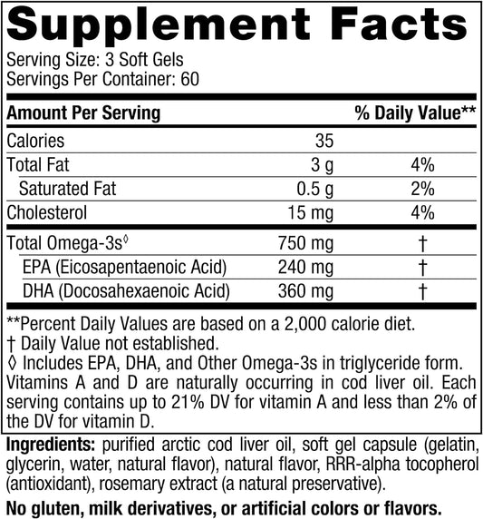 Nordic Naturals Arctic Cod Liver Oil, Lemon - 180 Soft Gels - 750 mg T