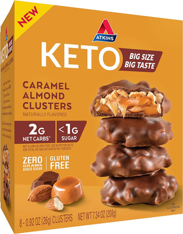 Atkins Caramel Almond Clusters, Gluten Free, High In Fiber, 1G Sugar, 2G Net Carb, Keto Friendly, 8 Count