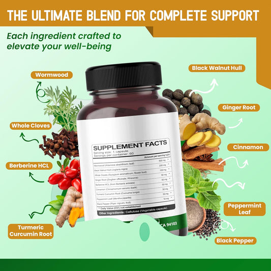 Wormwood Black Walnut Whole Cloves Ginger - Support Digestion Wellness, Liver Cleanse, Joints Health - 120-Day Supply - Made In The Usa