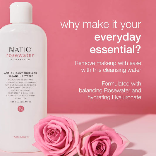 Natio Australia Rosewater Hydration Antioxidant Micellar Cleansing Water, 250 Ml - Makeup Remover Face Cleanser - Facial Cleanser For All Skin Types