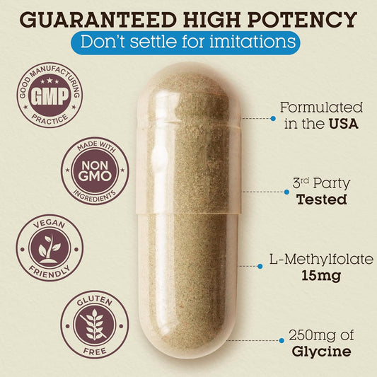 L-Methylfolate 15Mg | 120 Vegan Capsules | Premium | 5-Mthf Active Methyl Folate Supplement For Mood Homocysteine Methylation – Non-Gmo Gluten-Free, No Fillers - Folic Acid Brain Support