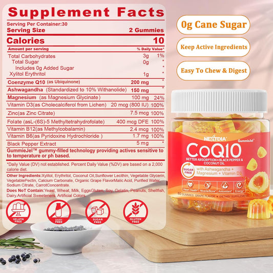 Sugar-Free Coq10 200Mg 100Mg Filled Gummies With Magnesium, Ashwagandha,Vitamin D3, B12, B6, B9,Ultra Absorption Coenzyme Q10 (Ubiquinone),For He-Art,Muscle & Bone Strong,Cellular Energy,Relax & Mood