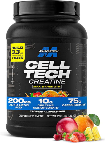 Creatine Monohydrate Powder Muscletech Cell-Tech Creatine Powder Post Workout Recovery Drink Muscle Builder For Men & Women Musclebuilding Supplements Tropical Citrus Punch, 3 Lbs (27 Serv)