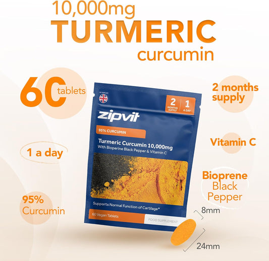Zipvit Turmeric Tablets 10,000Mg Providing 95% Active Curcumin With Bioperine Black Pepper & Vitamin C, 60 Vegan Tablets, 1 A Day, 2 Month Supply