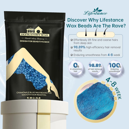 2.5Lb Lifestance Hard Blue Brazilian Bikini Wax Kit With 30 Applicators - Pearl Wax Beads For Face, Body, Legs - For Women And Men