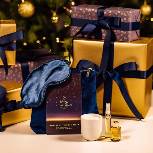 Aromatherapy Associates Moment Of Tranquil Sleep. Luxurious Holiday Gift Set Includes Deep Relax Bath & Shower Oil, Sleep Mist, Candle Votive, Eye Mask And Lush Velvet Bag (1 Count)