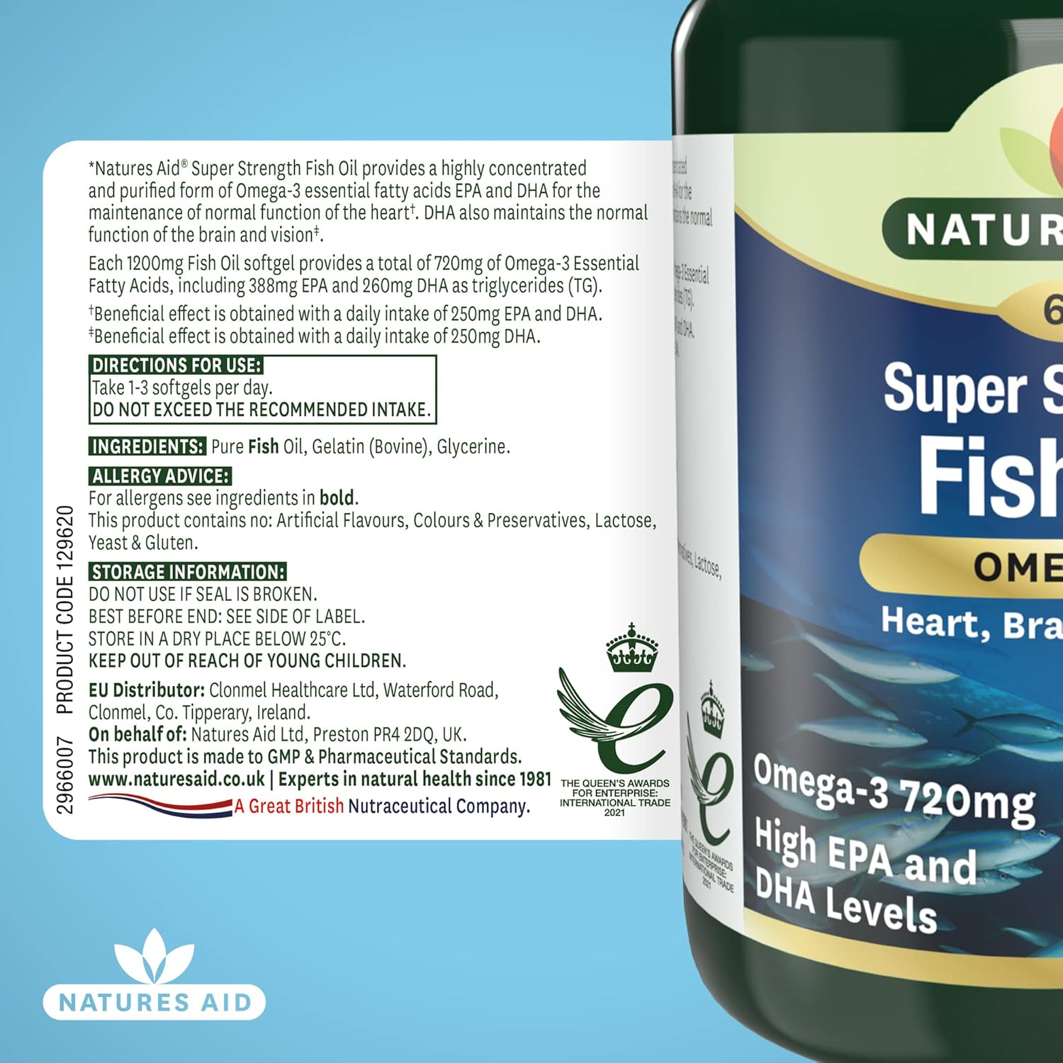 Natures Aid Super Strength Fish Oil 1200mg – High Strength Omega-3 with 388mg EPA & 260mg DHA – Supports Heart, Brain & Vision – Non-GMO – 60 Softgels – Natural Omega-3 Supplement Capsules : Amazon.co.uk: Health & Personal Care