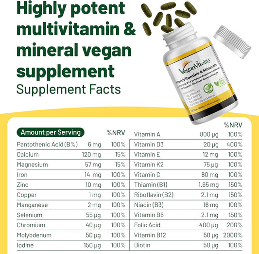 Vegan Multivitamins & Minerals For Women And Men With High Strength Vitamin B12, D3 & K2. 180 Multivitamin Tablets - 6 Months Supply. Vitamins For Vegans & Vegetarians