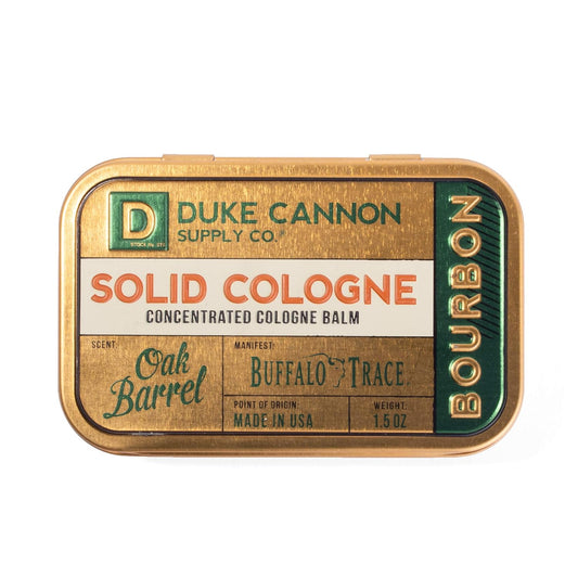 Duke Cannon Supply Co. Solid Cologne For Men Bourbon (Woodsy, Charred Oak Barrel Scent) - Concentrated Balm, Travel-Friendly Convenient Tin, 1.5 Oz
