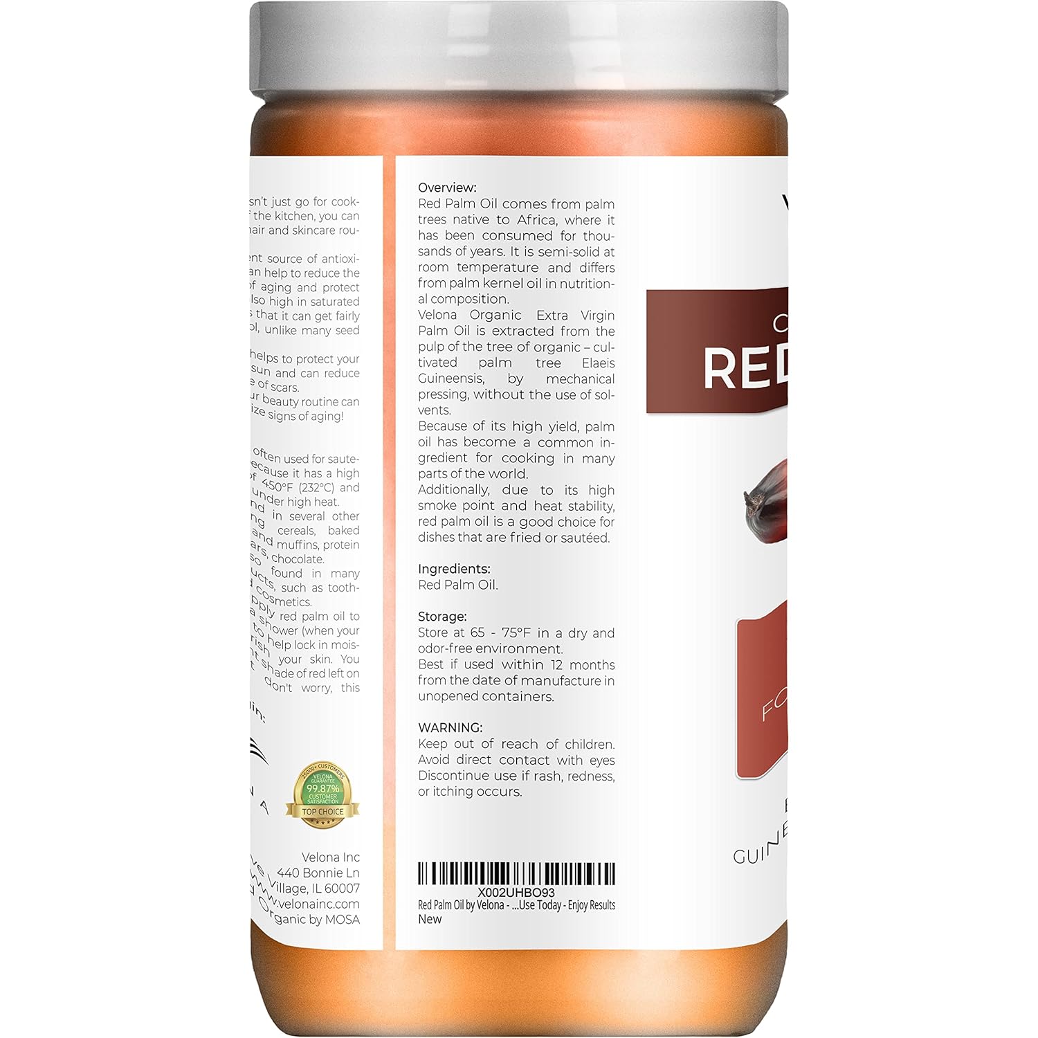 velona USDA Certified Organic Red Palm Oil 64 oz | Food and Cosmetic Grade | in jar | Extra Virgin, Cold Pressed | Skin, Face, Body, Hair Care | Use Today - Enjoy Results : Beauty & Personal Care