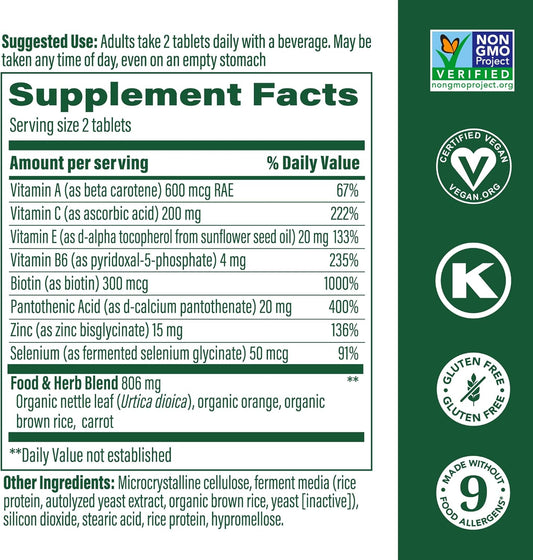 Megafood Skin, Nails & Hair 2 - For Women & Men - Biotin, Vitamin A, C, Zinc, Vitamin B6, E, Pantothenic Acid - Vegan - Made Without 9 Food Allergens - 60 Tabs (30 Servings)