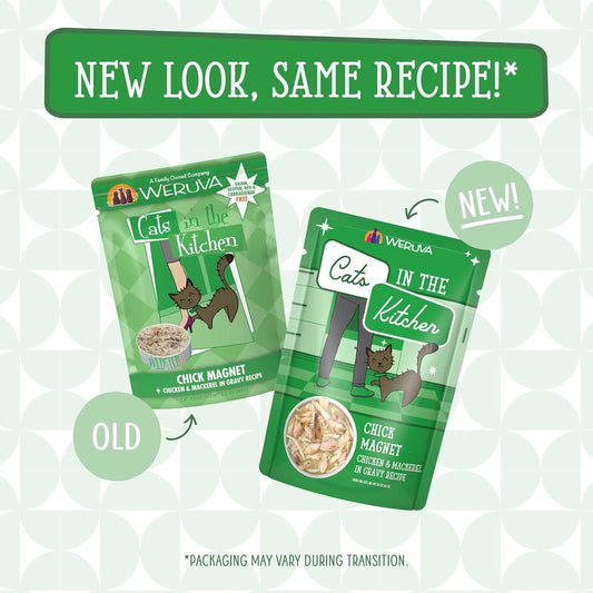 Weruva Cats In The Kitchen, Chick Magnet With Chicken & Mackerel In Gravy Cat Food, 3Oz Pouch (Pack Of 12)