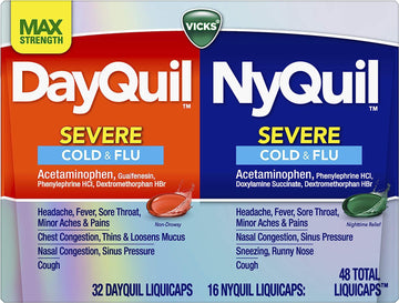 Vicks Dayquil And Nyquil Severe Combo, Max Strength Cold & Flu Medicine For Fever, Sore Throat, Nasal Congestion - 48 Count
