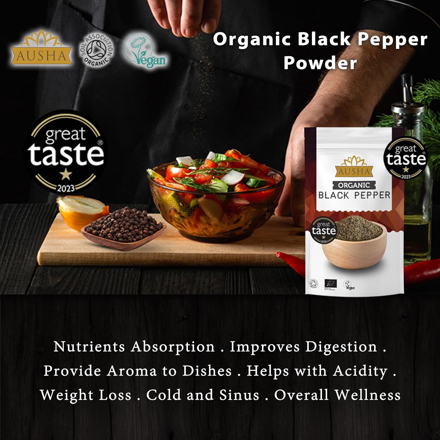 Ausha Organic Coarse Black Pepper - 200g - UK Certified Organic by Soil Association - 1* GREAT TASTE AWARD - Premium Quality Pepper : Amazon.co.uk: Grocery