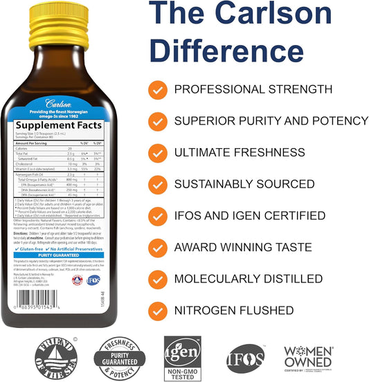 Carlson - Kid'S The Very Finest Fish Oil, 800 Mg Omega-3S, Liquid Fish Oil Supplement, Norwegian Fish Oil, Wild-Caught, Sustainably Sourced , Mixed Berry, 200 Ml (6.7 Fl Oz)