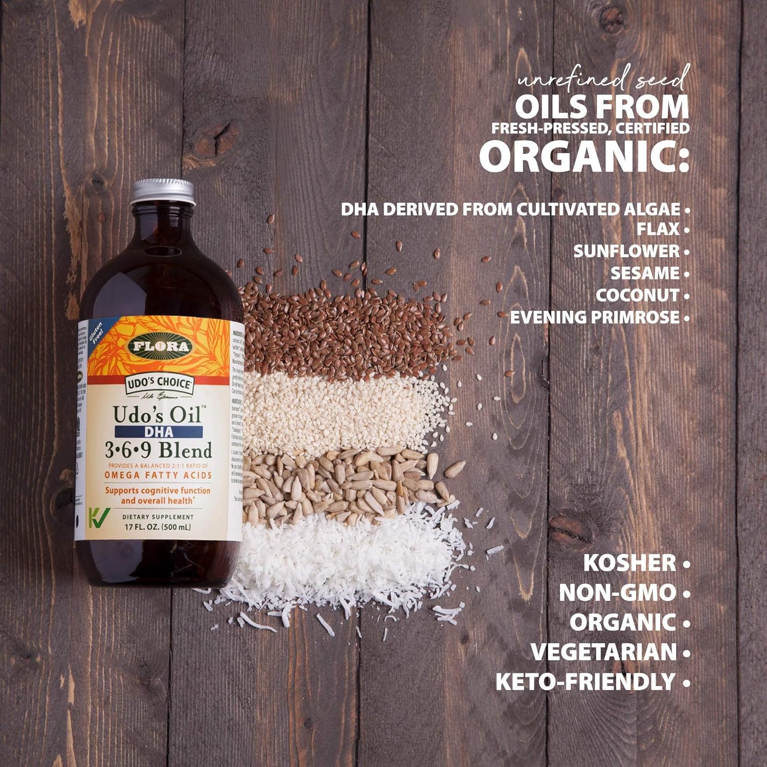 Flora - Udo'S Oil Dha 3-6-9 Blend - Vegetarian Eye & Brain Health Supplement - Omega-3 & Omega-6 - Contains Sunflower & Flax Seed Oil - Kosher & Organic - Keep Chilled - 17 Fl. Oz. : Health & Household