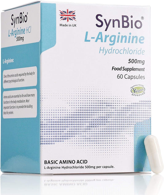 SynBio L-Arginine Hydrochloride 500mg | 60 Capsules | Vegan | Nut Free | SOYA Free | Dairy Free | Yeast Free | Sugar Free | Gelatin Free | Made in The UK : Amazon.co.uk: Health & Personal Care