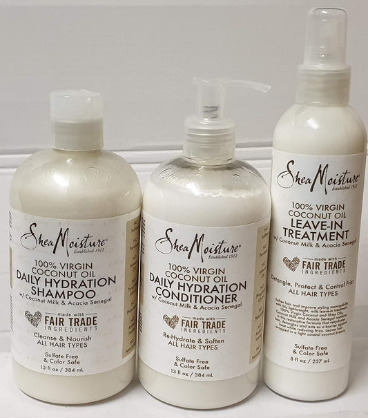 100% Virgin Coconut Oil Trio Bundle| Daily Hydration Conditioner 13 Oz, Daily Hydration Shampoo 13 Oz & Leave-In Treatment 8 Oz By Shea Moisture
