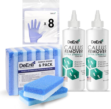 Deenti Six Pack Bundle, Bundle Includes 2 Bottles Of Mint Scented Callus Remover, 6 Pumice Stones For Feet, And 8 Pairs Of Gloves, Salon Grade Foot Care, Home Manicure And Pedicure Kit