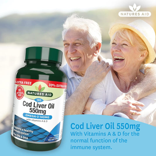 Natures Aid Cod Liver Oil 550Mg Softgels β High Strength Omega-3 Fish Oil With Vitamins A, D Plus Epa & Dha β Supports Healthy Immune System Heart Health Brain Vision Joints β Non-Gmo β 120 Capsules