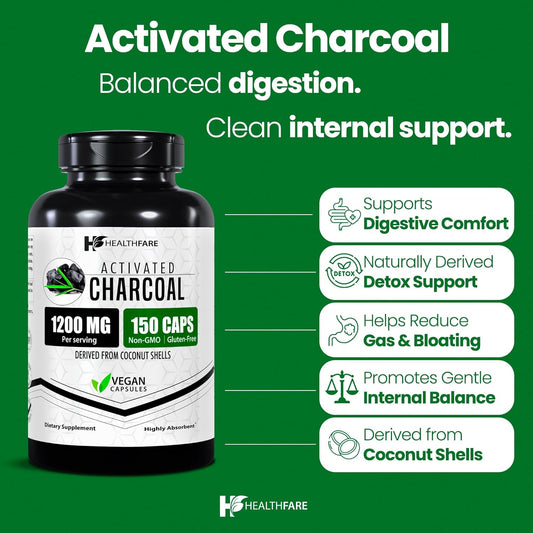 Activated Charcoal Capsules 1200 Mg | 150 Vegan Capsules | Coconut-Sourced Charcoal | Natural Internal Cleanse Support | Non-Gmo & Gluten-Free | Made In Usa