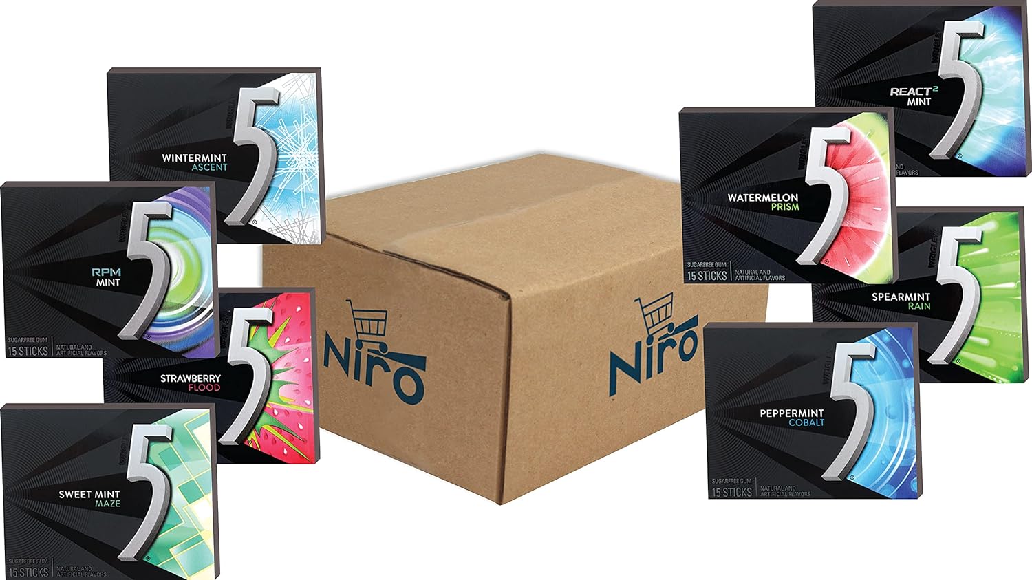 Chewing Gum, Wrigley's 5 Gum – 5 Calories – Sugar-Free Assorted Flavor (6 Pack) – 15 Sticks Per Pack – Get 6 Out of 8 Flavors- Niro Assorted Flavors : Grocery & Gourmet Food