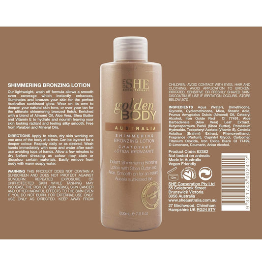 Om She Aromatherapy Golden Body Shimmering Bronzing Lotion 7.0Fl Oz - Self Tanning, Instant Tan Colour. Australian Made