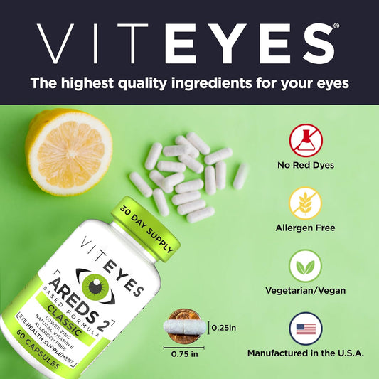 Viteyes Areds 2 Eye Vitamins, Classic Macular Support, Allergen Free Capsules, With Natural Vitamin E, Vitamin C, Zinc, Copper, Lutein & Zeaxanthin, Eye Doctor Trusted, Manufactured In The Usa