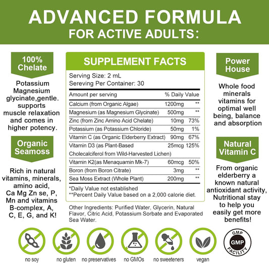 Calcium Magnesium Zinc Liquid With Vitamin D3, Magnesium Glycinate Plus Vitamin C K2| High Absorption Plant Calcium Supplement For Heart & Bone| Gluten Free,Sugar-Free | 60 Servings | Lemon Flavor