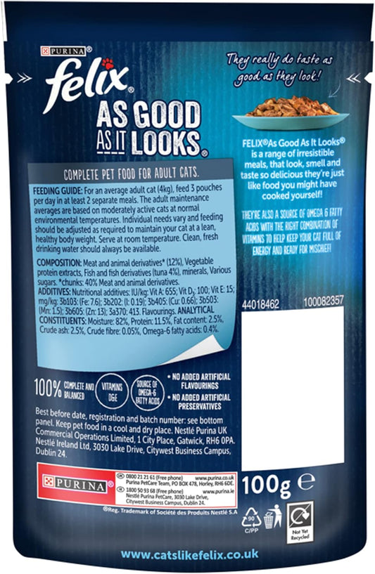 Felix As Good As It Looks Adult Wet Cat Food Tuna In Jelly 20 X 100G Pouches