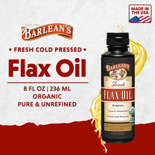 Barlean'S Organic Flaxseed Oil Liquid From Fresh Cold Pressed Flax Seeds, 7,640Mg Ala Omega 3 Fatty Acid Supplement For Skin And Hair Care, Vegan & Gluten Free, 8 Oz