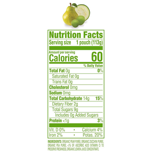 Happy Baby Organics Stage 2 Baby Food Pouches, Gluten Free, Vegan & Healthy Snack, Clearly Crafted Fruit & Veggie Puree, Pears, Zucchini & Peas, 4 Ounces (Pack Of 16)