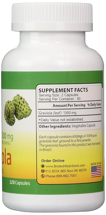 Biotech Nutritions 100% Pure Graviola, 1300 Mg Per Servings, 120 Capsules Per Bottle (Annona Muricata)